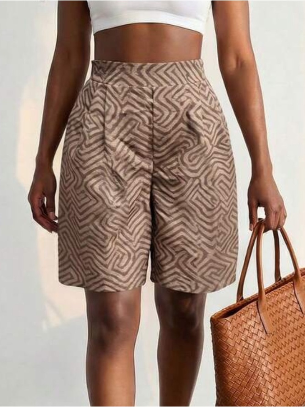 High-Waist Geo-Print Women’s Bermuda Shorts in Taupe